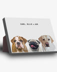 Modern 3 pet standing canvas with custom portraits of a bulldog, pug, and labrador, named Carl, Ollie & Jax.