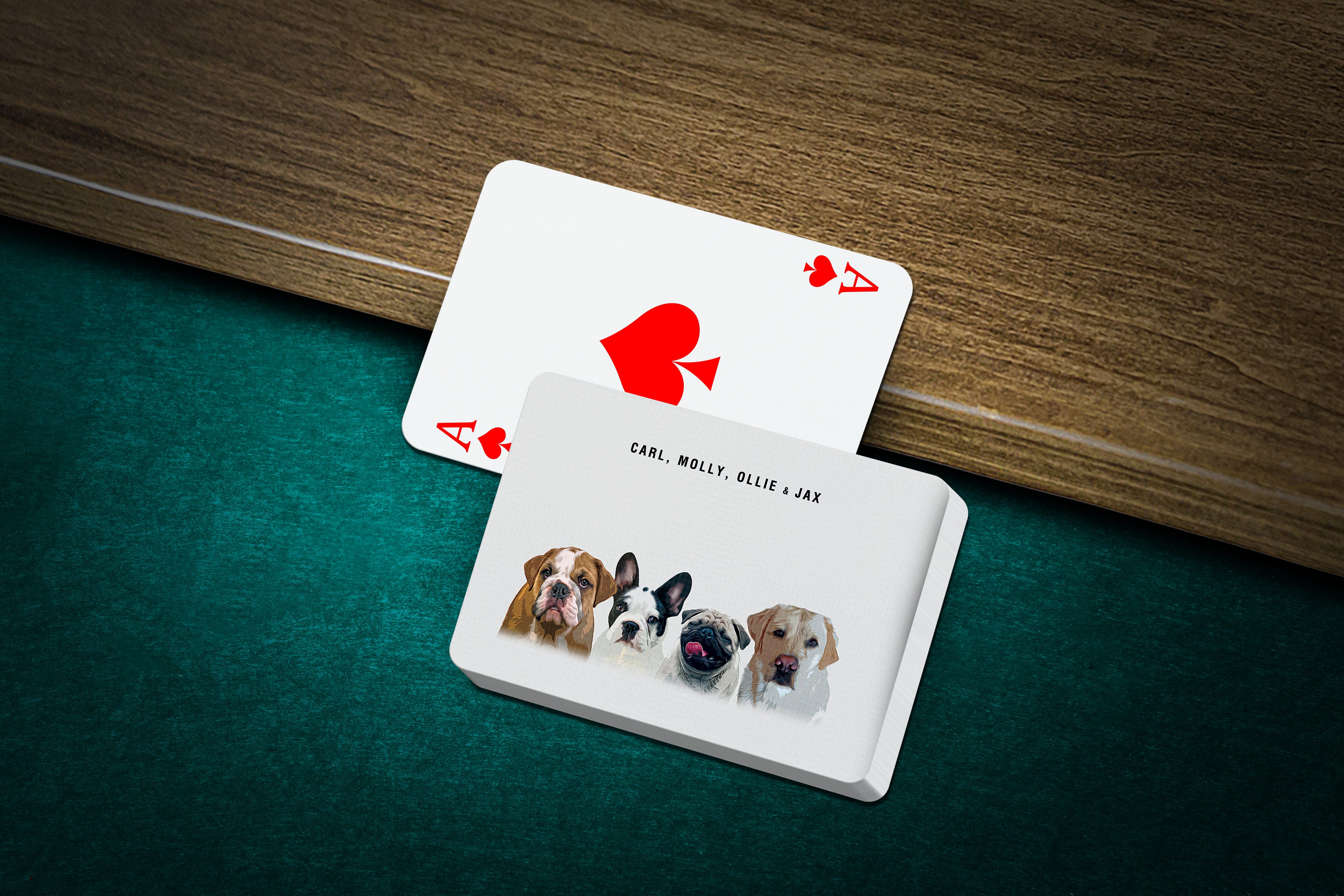 Custom personalized playing cards featuring a modern 4-pet portrait of dogs on a white background.