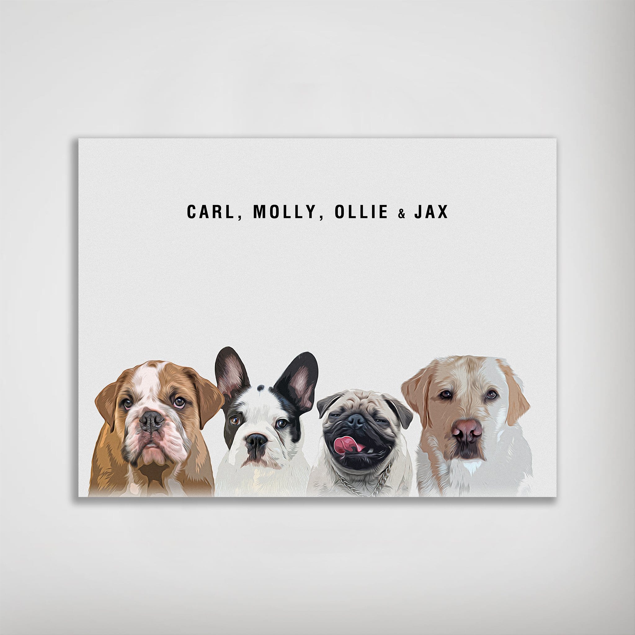 Personalized modern matte poster featuring four custom pet portraits (bulldog, French bulldog, pug, labrador) and names.
