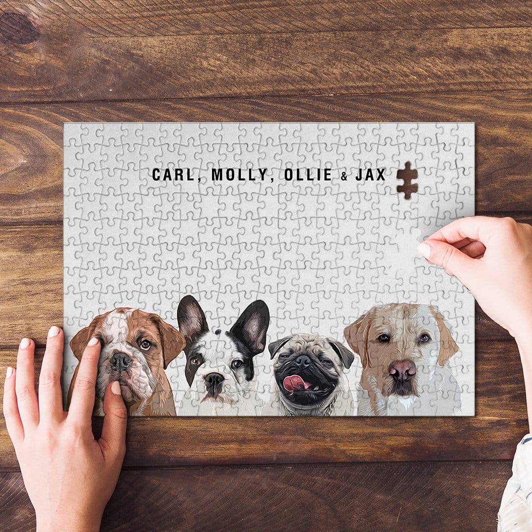 Personalized 4-pet puzzle featuring custom dog portraits and names on a wooden background.