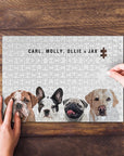 Personalized 4-pet puzzle featuring custom dog portraits and names on a wooden background.