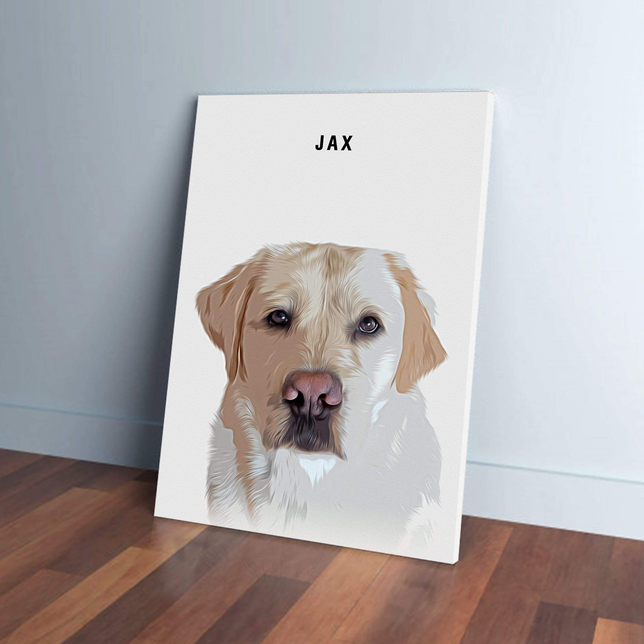 Personalized modern pet canvas featuring a yellow lab named Jax, leaning against a wall.
