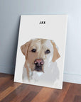 Personalized modern pet canvas featuring a yellow lab named Jax, leaning against a wall.