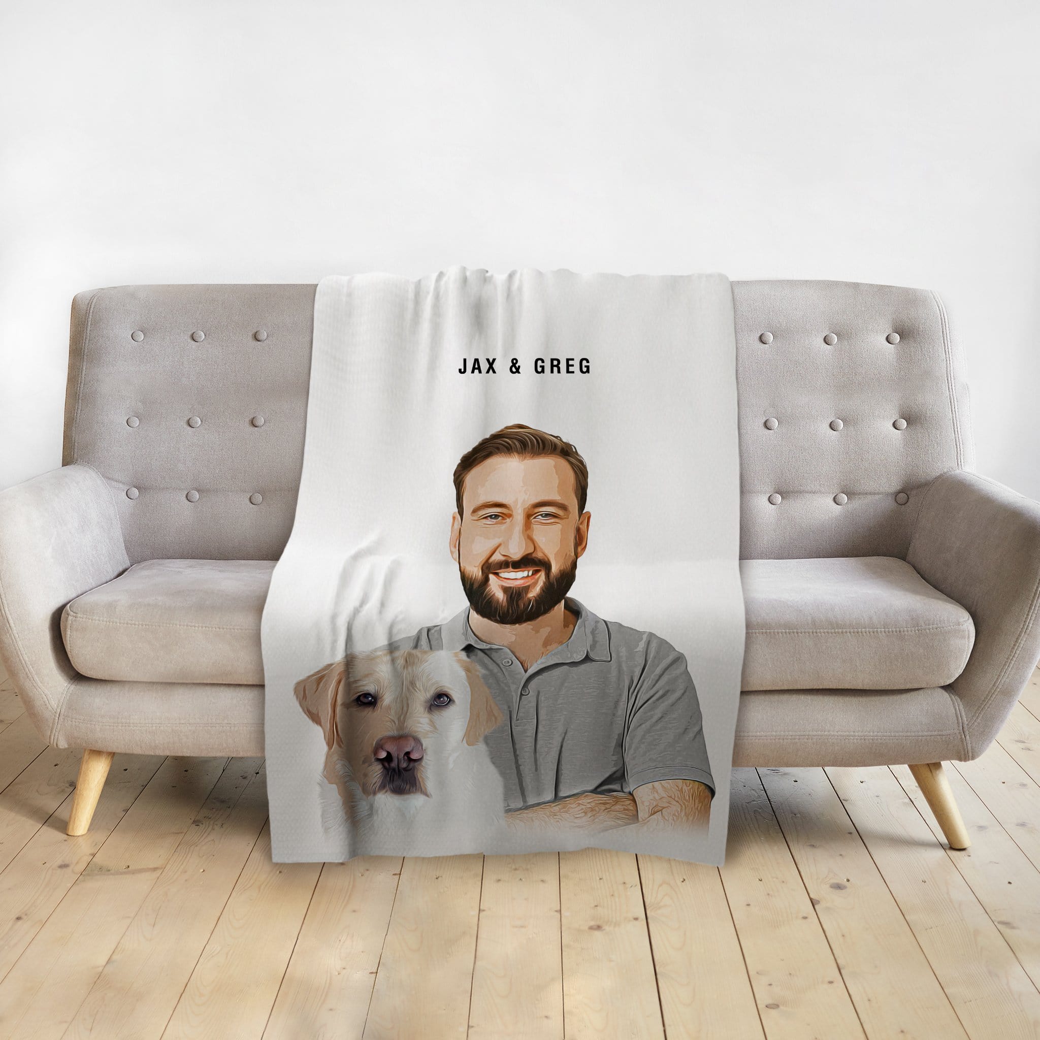Personalized modern pet and human blanket with a custom cartoon portrait of a man and a yellow lab.