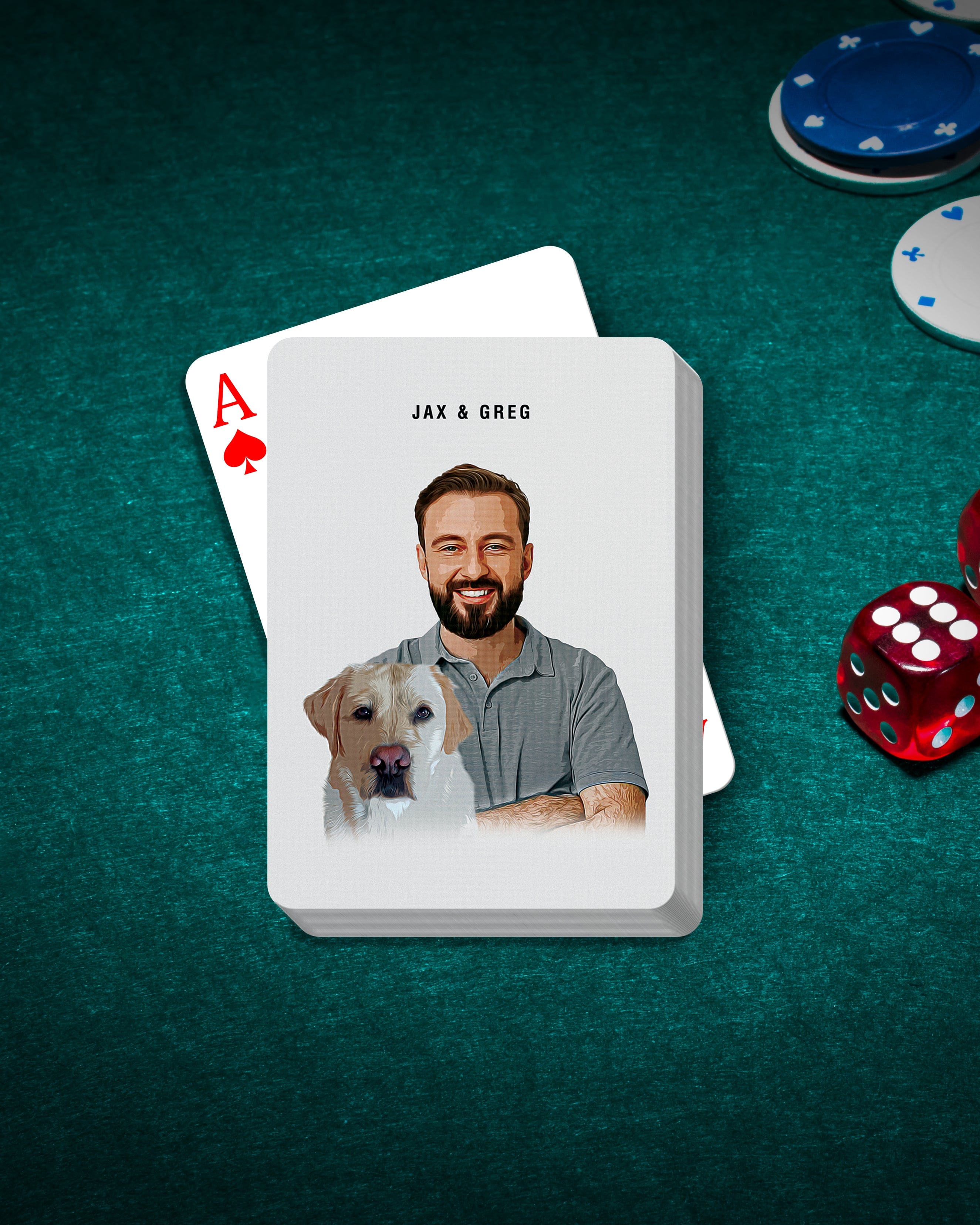 Personalized playing cards featuring a custom cartoon portrait of a man and a yellow lab dog.
