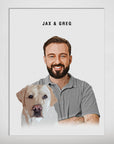Personalized modern matte poster featuring a smiling man and a yellow lab, titled "JAX & GREG".