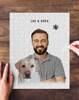 Personalized modern pet and human puzzle featuring a man and a yellow lab, with one piece missing.