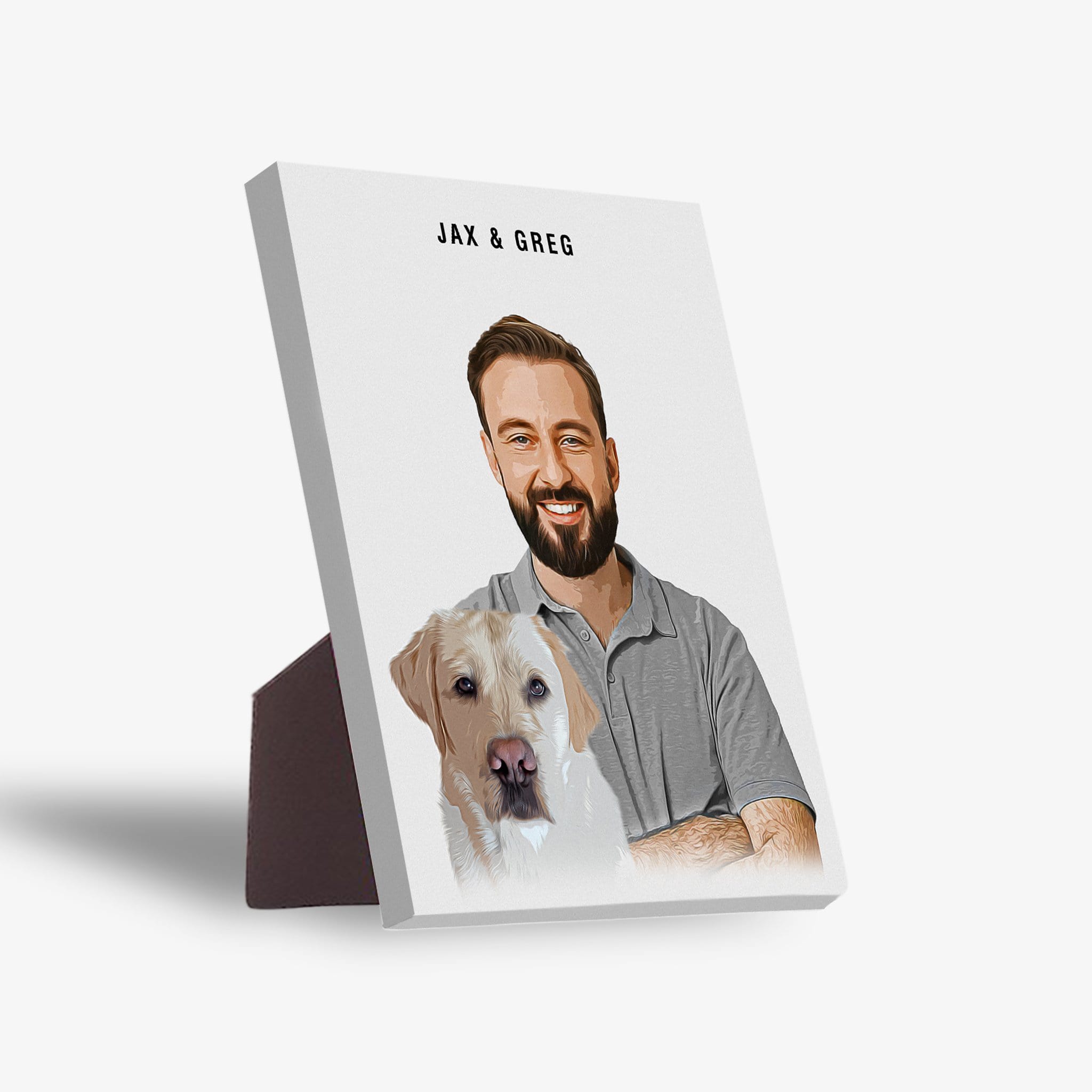 Personalized standing canvas featuring a man and a yellow lab, with "JAX & GREG" at the top.