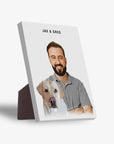 Personalized standing canvas featuring a man and a yellow lab, with "JAX & GREG" at the top.