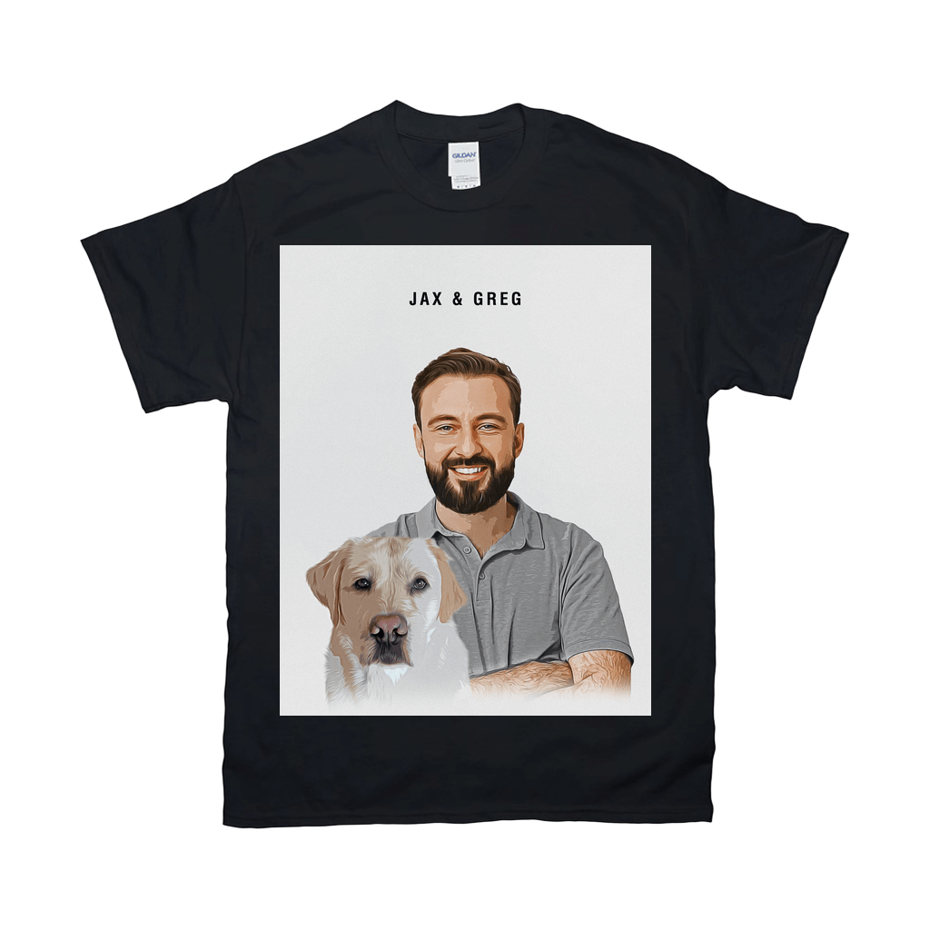 Black Gildan t-shirt with a personalized graphic of a smiling man and a golden retriever, "JAX & GREG" text.