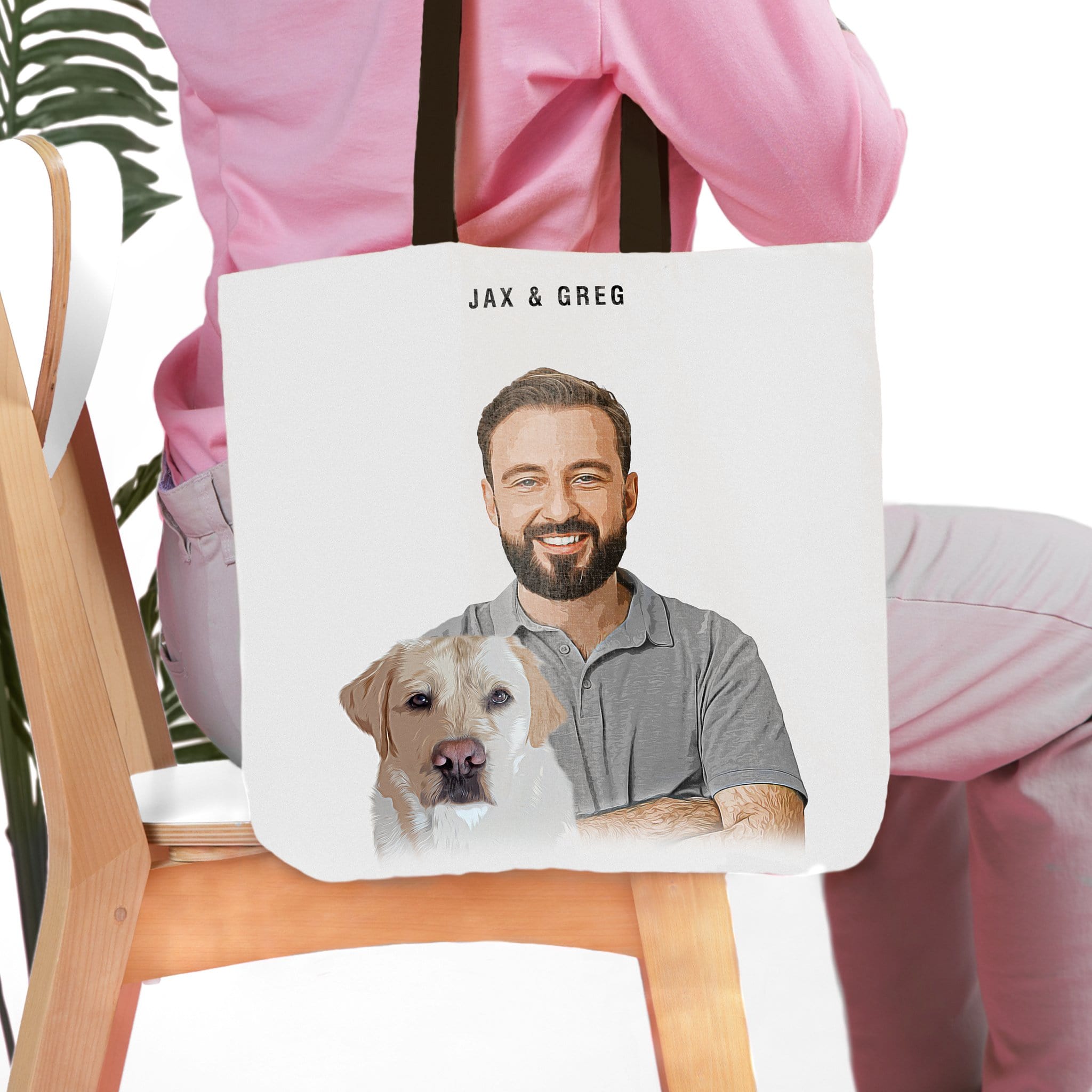 Personalized tote bag with a cartoon portrait of a man and his yellow lab dog, "Jax & Greg" text.