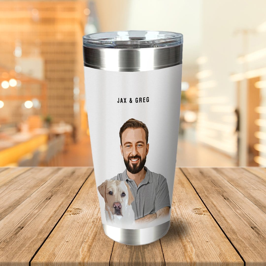 Personalized white stainless steel tumbler with a cartoon portrait of a man and a yellow lab dog.