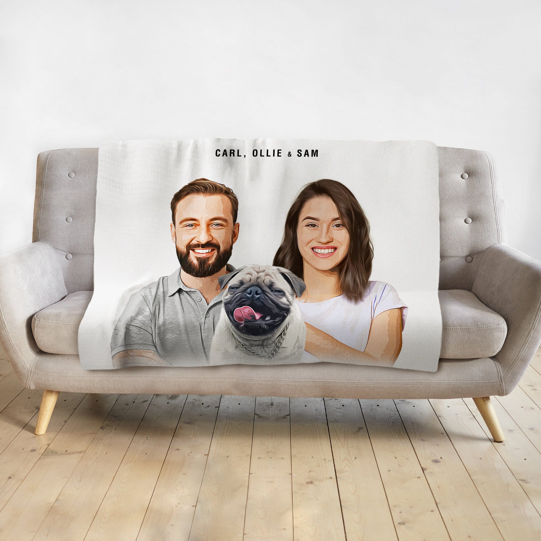 Personalized modern pet and human portrait blanket featuring a man, woman, and pug.