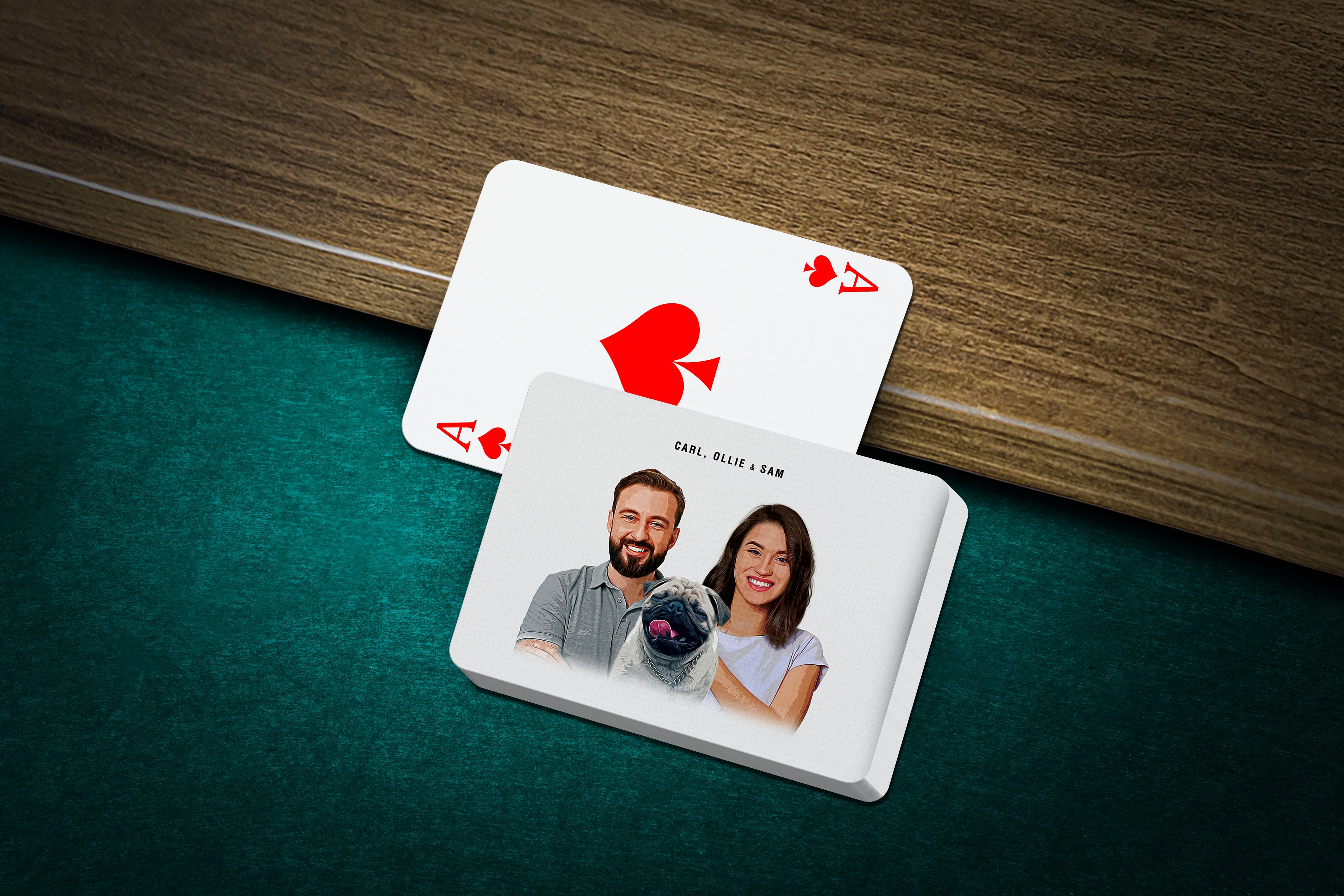 Personalized playing cards with a custom modern pet and human portrait of a couple and their pug.