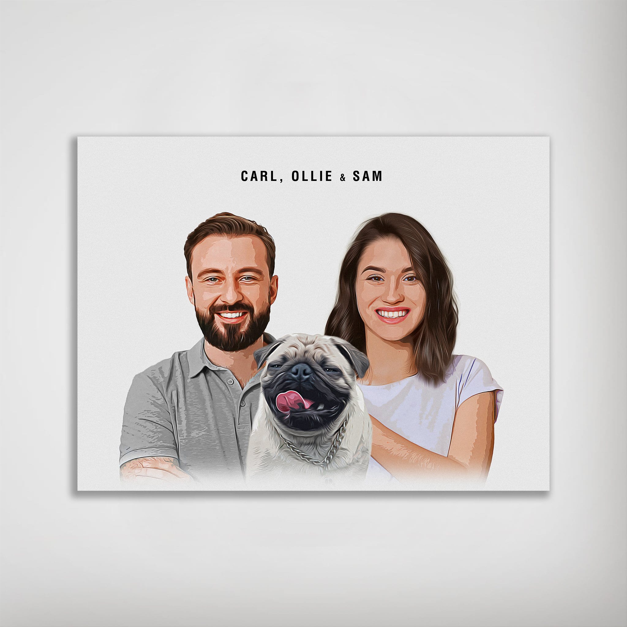 Personalized modern pet & humans poster featuring a couple and their pug, "Carl, Ollie & Sam.