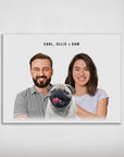 Personalized modern pet & humans poster featuring a couple and their pug, "Carl, Ollie & Sam.
