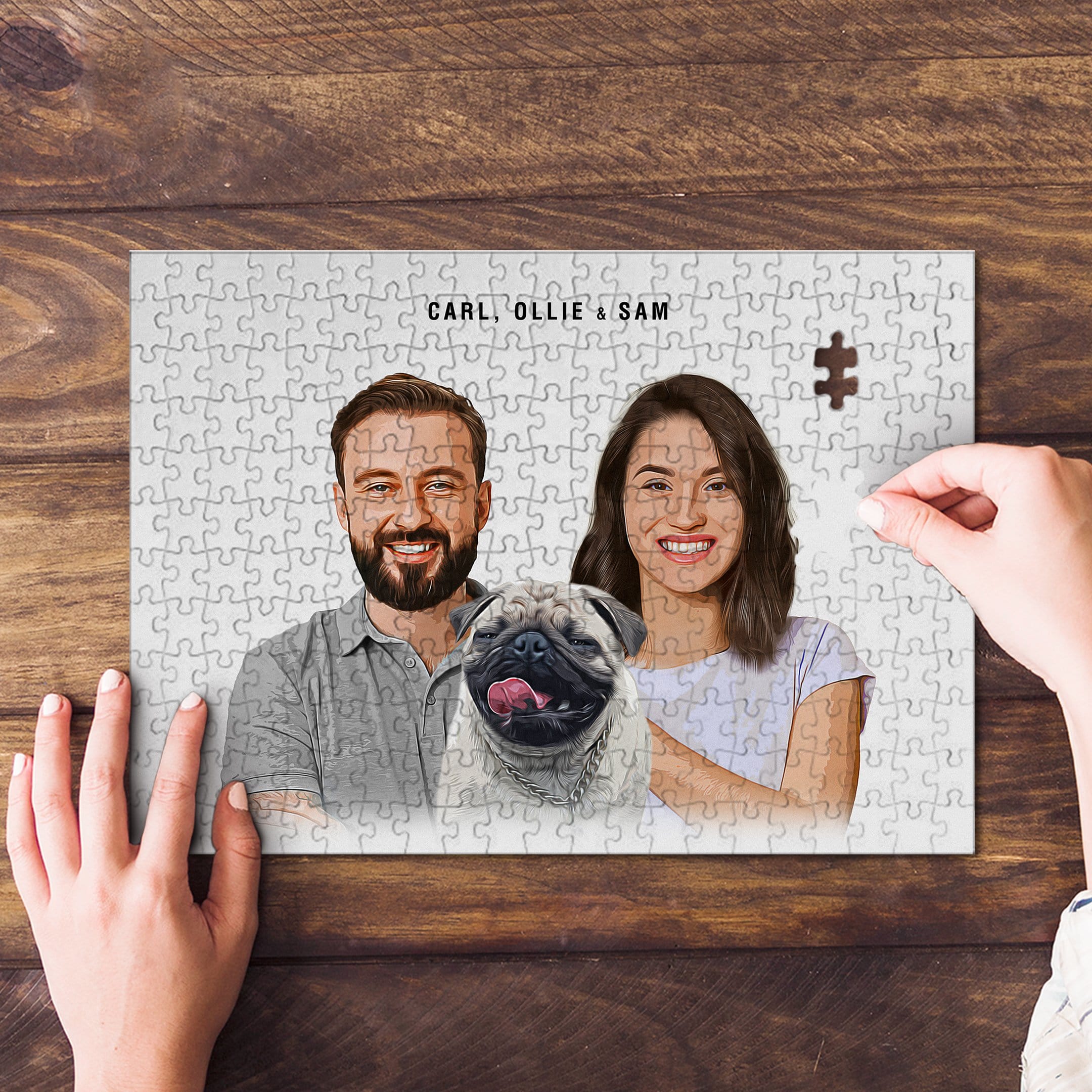 Personalized modern pet and human portrait puzzle featuring a couple and their pug.