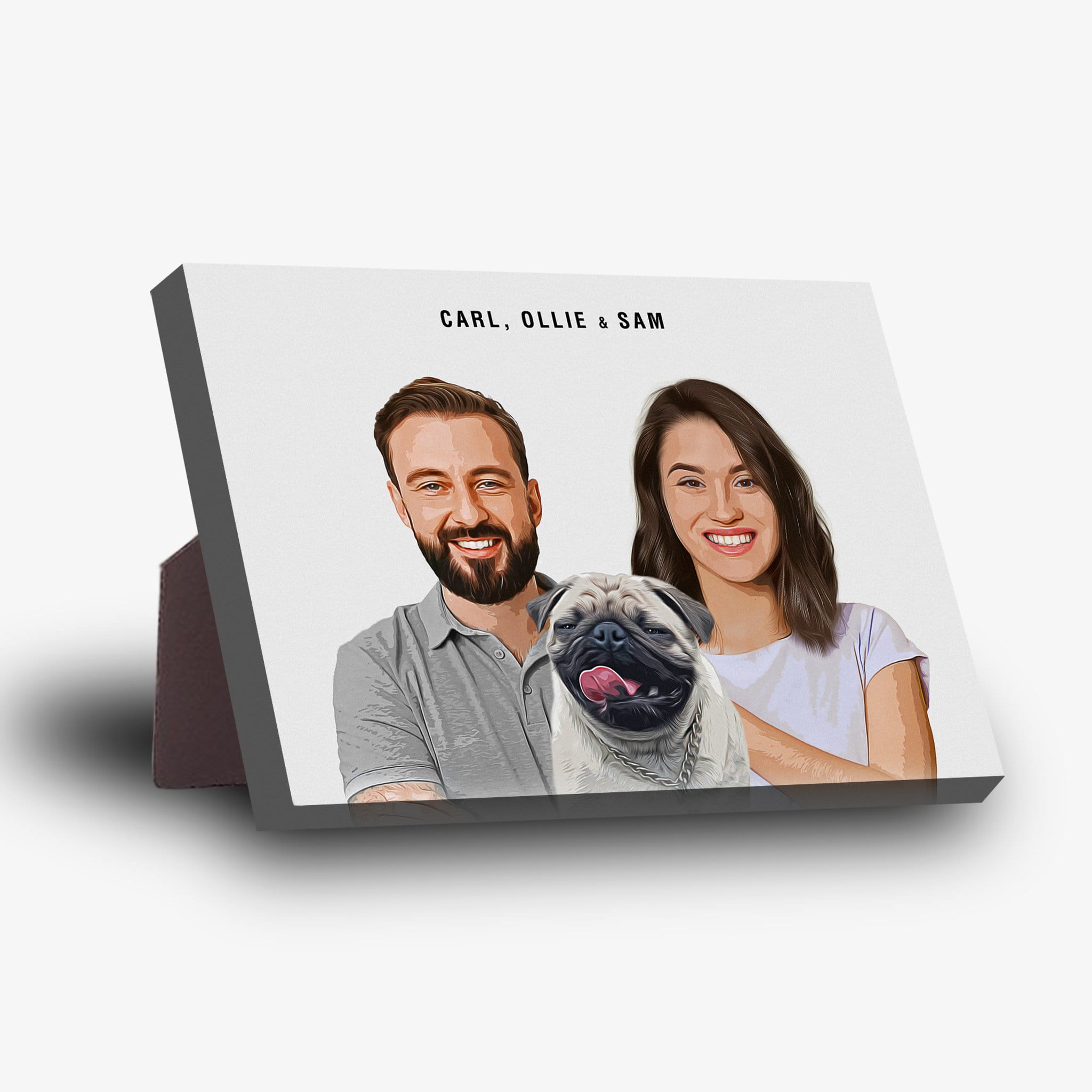 Personalized modern pet and humans standing canvas featuring a couple and a pug.