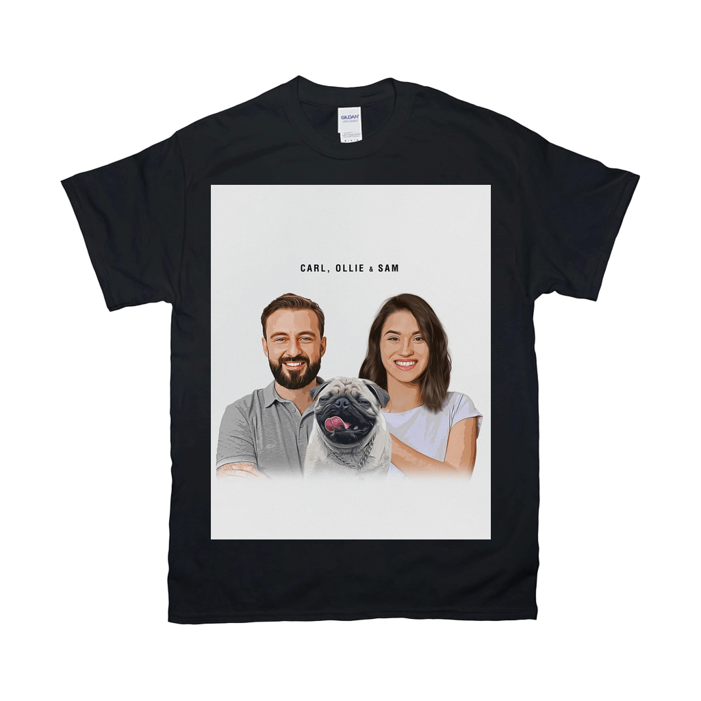 Black Gildan t-shirt with a personalized graphic of a smiling man, woman, and a pug, with "CARL, OLLIE & SAM" text.