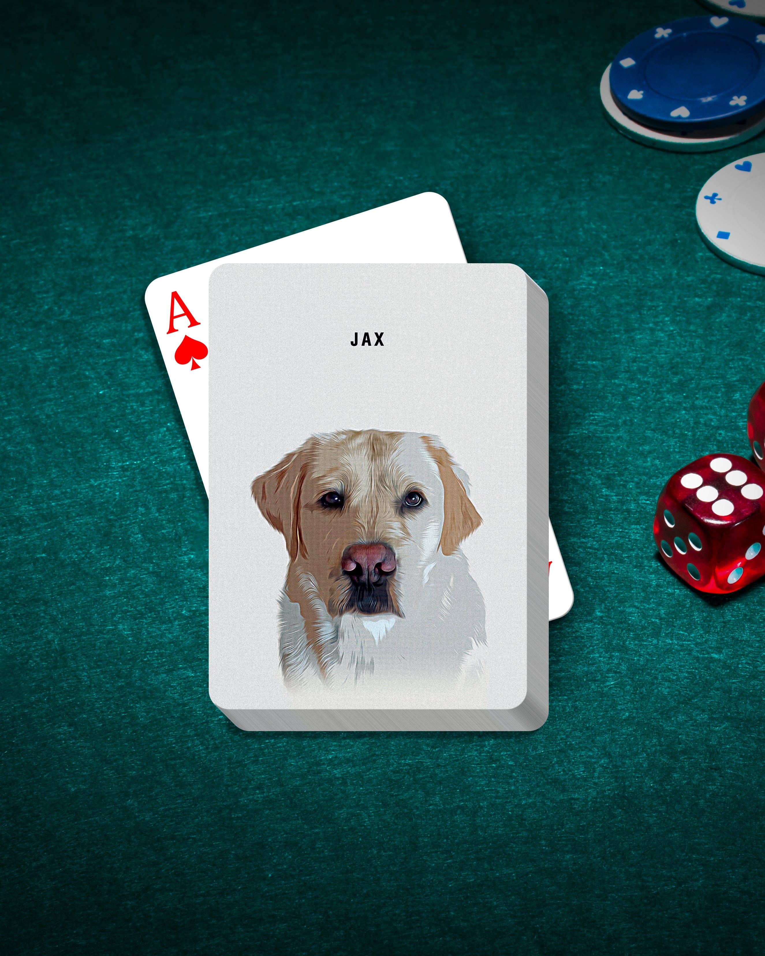 Personalized playing cards featuring a custom modern pet portrait of a golden retriever dog named Jax.