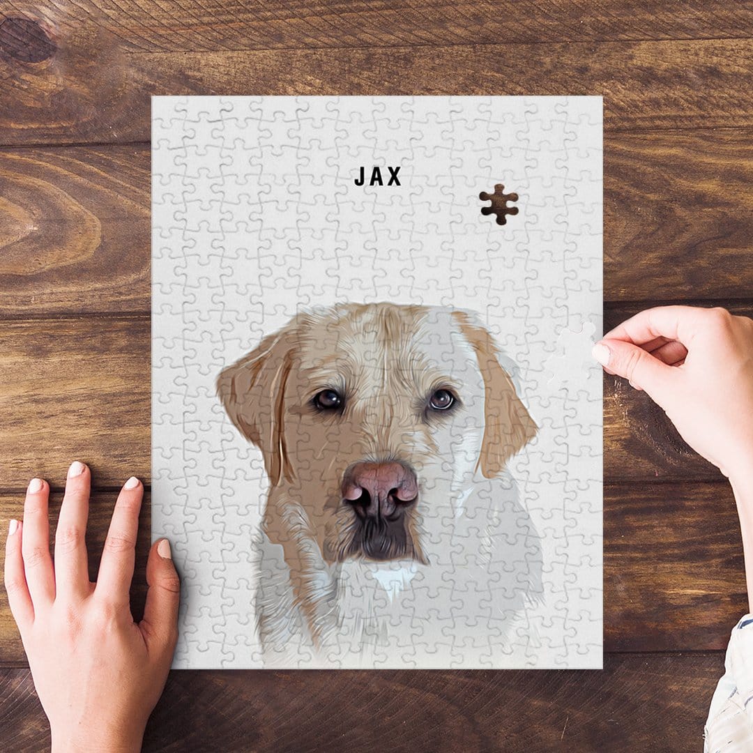 Personalized modern pet puzzle featuring a yellow lab named Jax, with one piece missing.