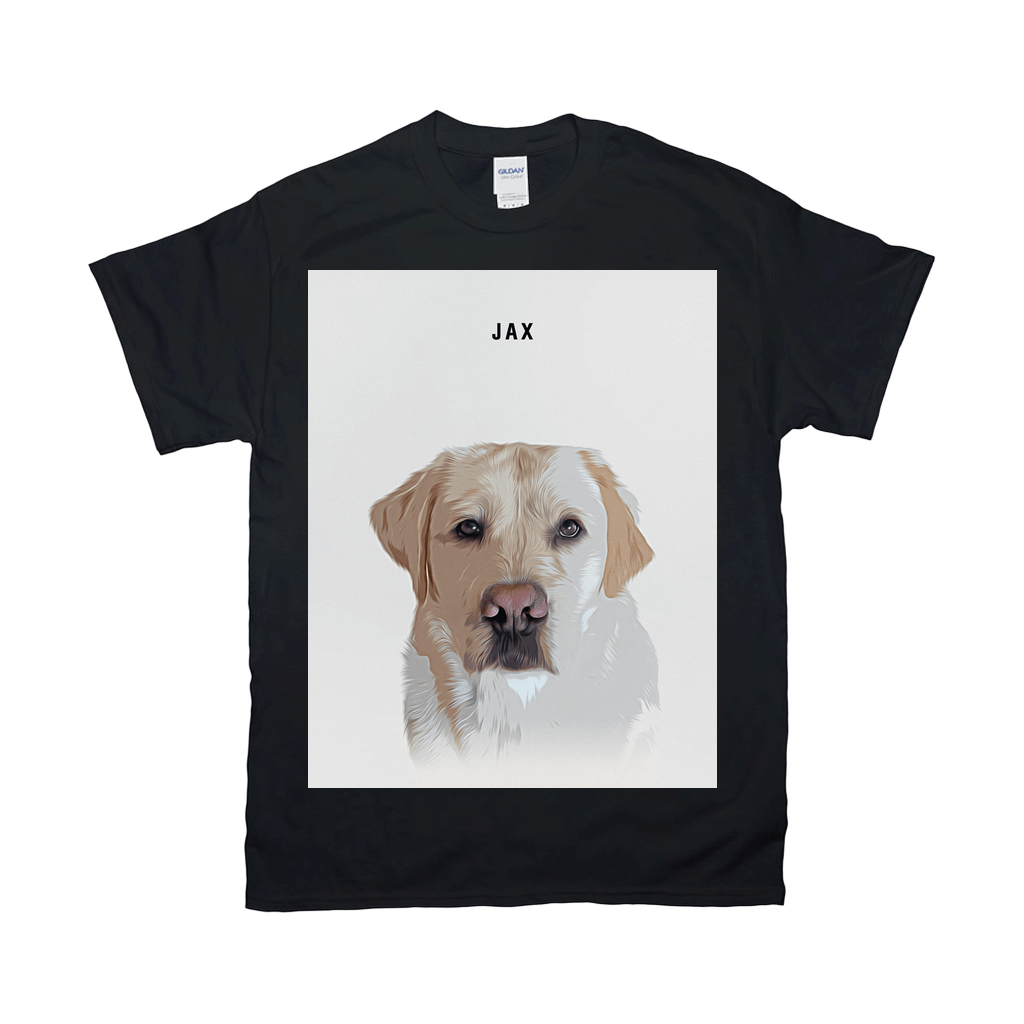 Black Gildan t-shirt with a personalized graphic of a light brown dog named Jax.