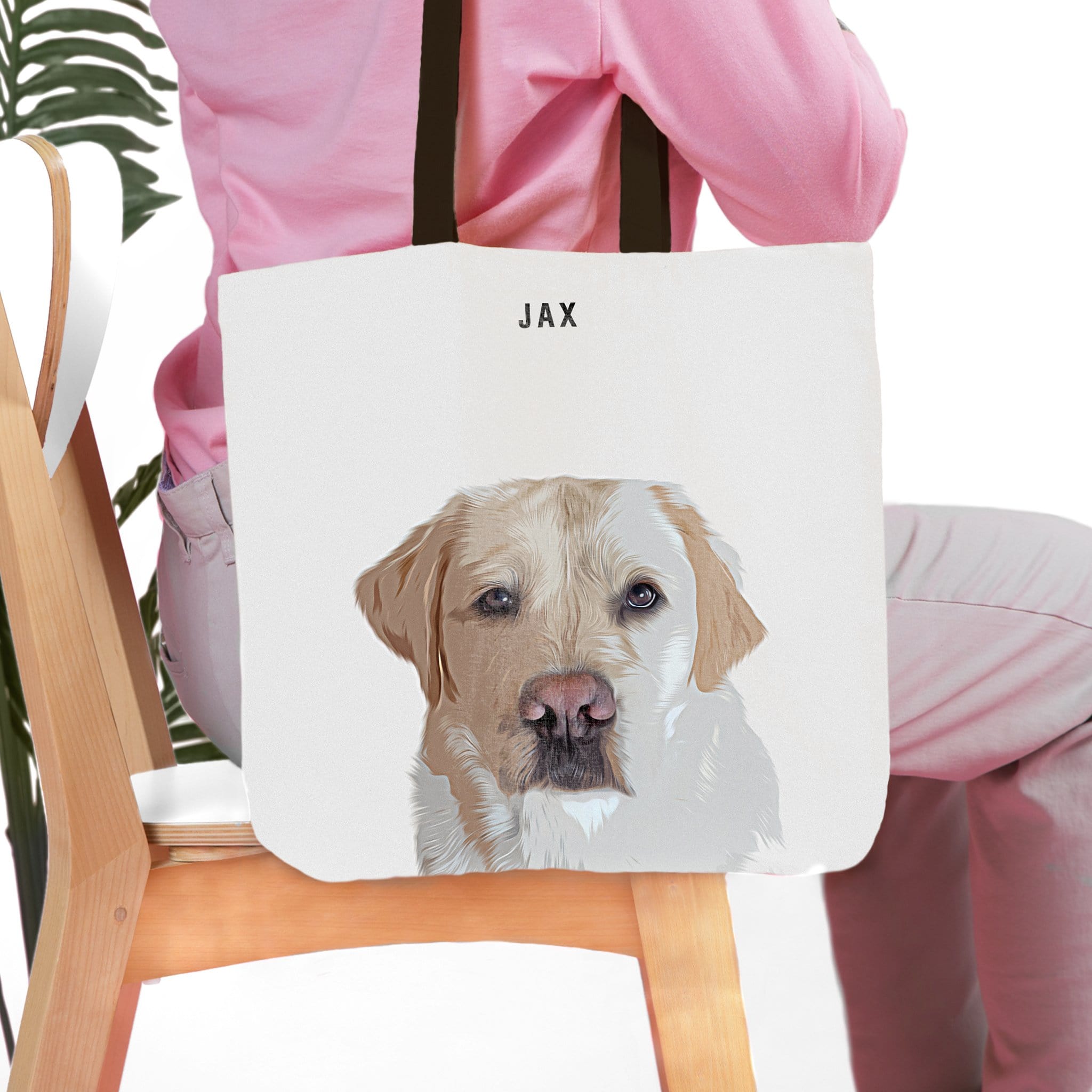 Personalized modern pet tote bag with a custom watercolor portrait of a yellow Labrador dog named Jax.
