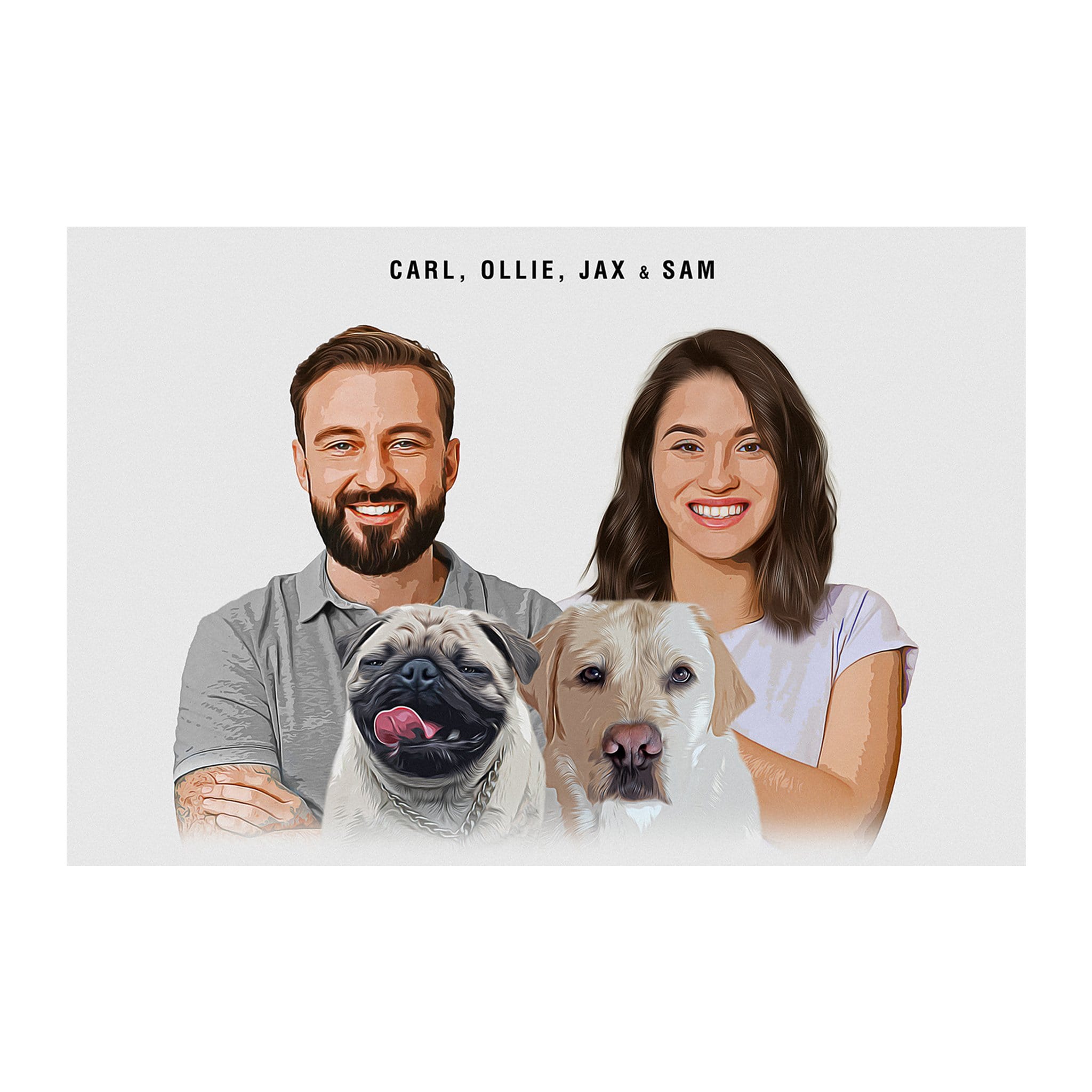 Retrato digital personalizado moderno de 2 mascotas y humanos