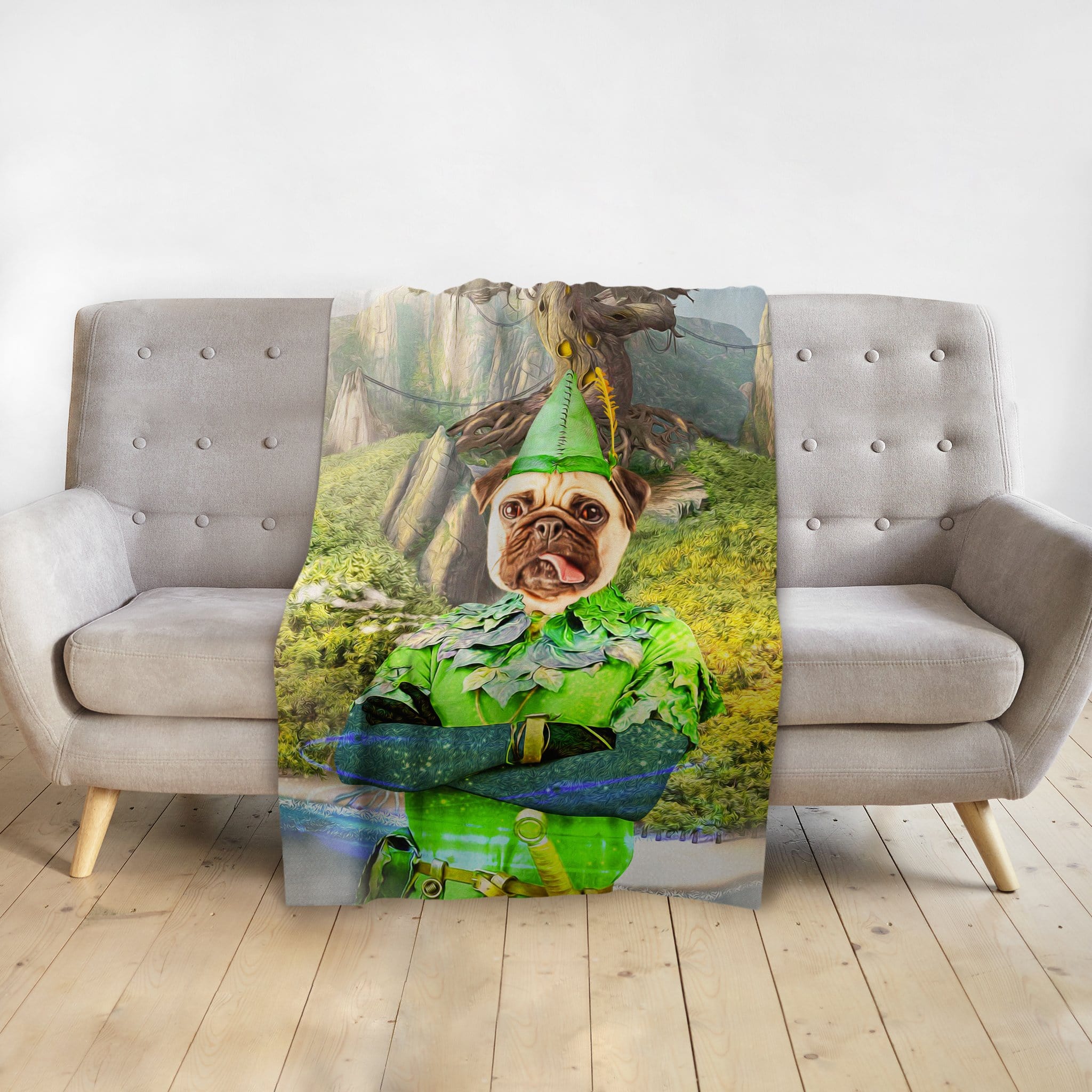 Personalized Peter Paw pet blanket featuring a pug in a green Peter Pan costume.