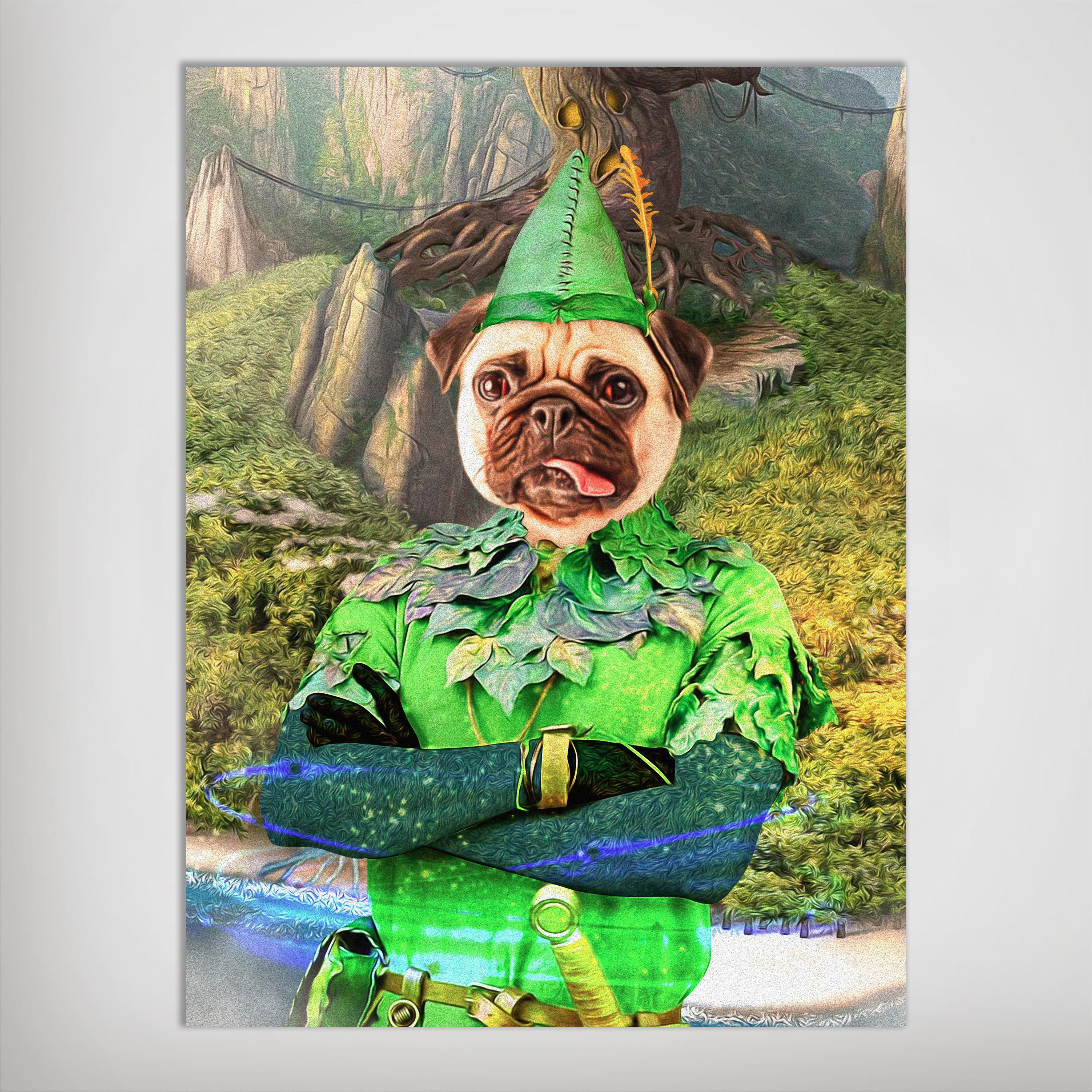 Personalized Peter Paw pet poster featuring a pug dressed as Peter Pan in a green costume.