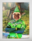 Personalized Peter Paw pet poster featuring a pug dressed as Peter Pan in a green costume.