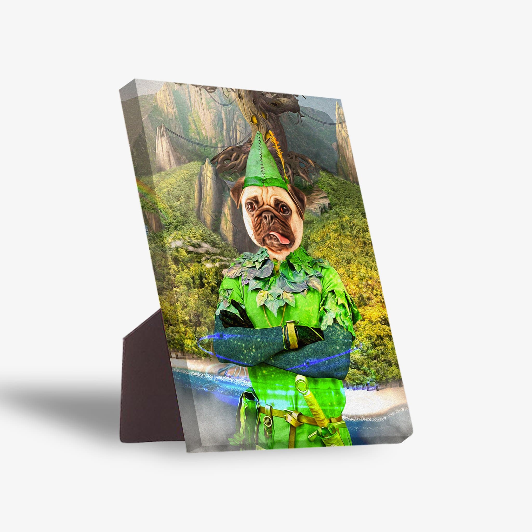 Personalized 'Peter Paw' standing canvas featuring a pug dressed as Peter Pan in a lush forest.