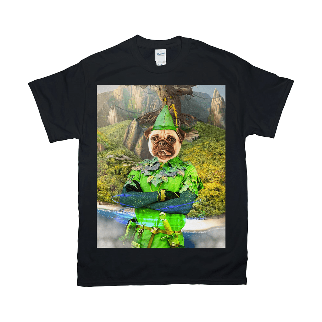 Black Gildan unisex t-shirt featuring a pug's head on a "Peter Paw" character in a green outfit.