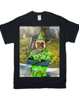 Black Gildan unisex t-shirt featuring a pug's head on a "Peter Paw" character in a green outfit.