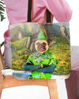 Personalized "Peter Paw" tote bag with a custom pug pet portrait in a green costume against a Neverland-like background.