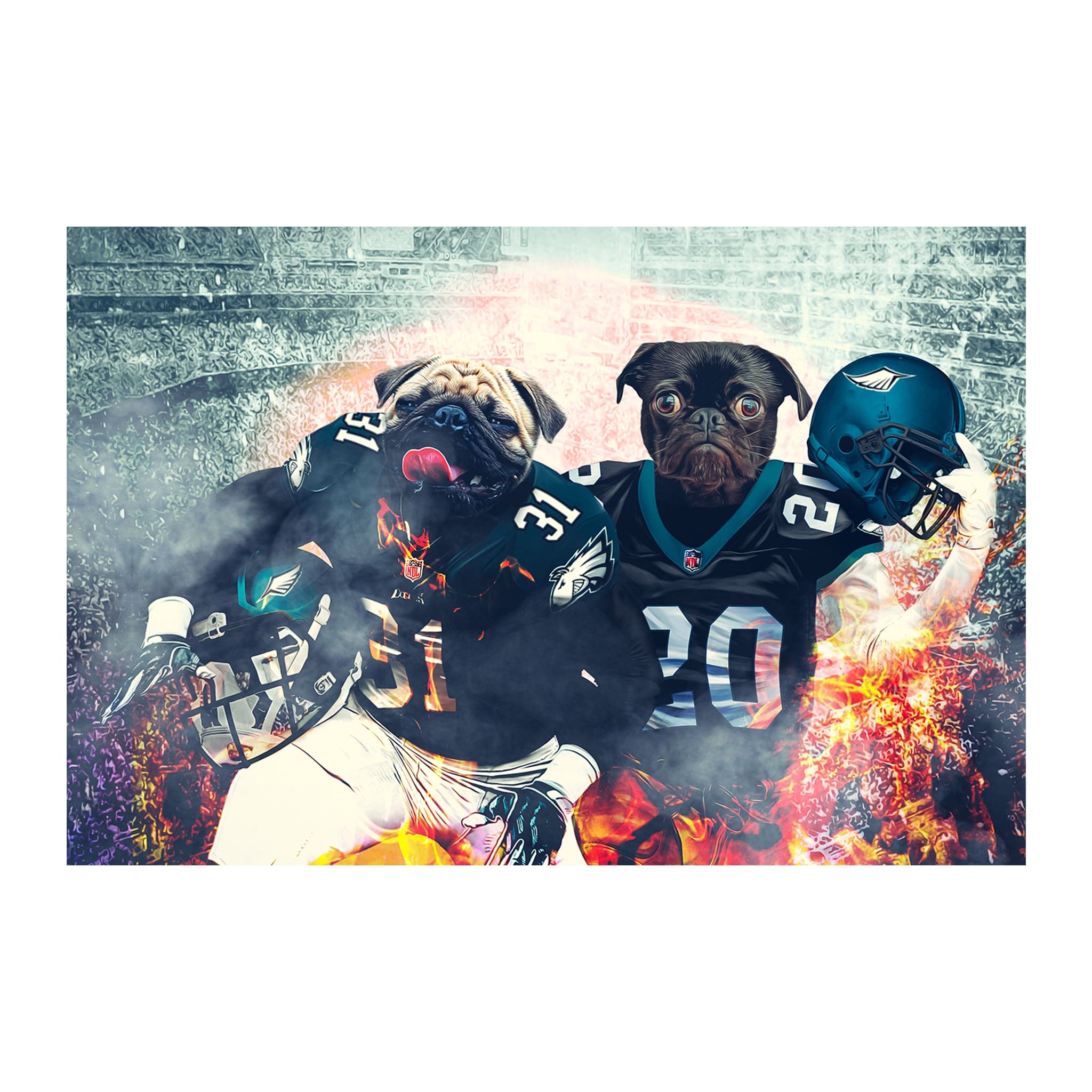 Custom digital portrait of two pugs in Philadelphia Eagles football uniforms.