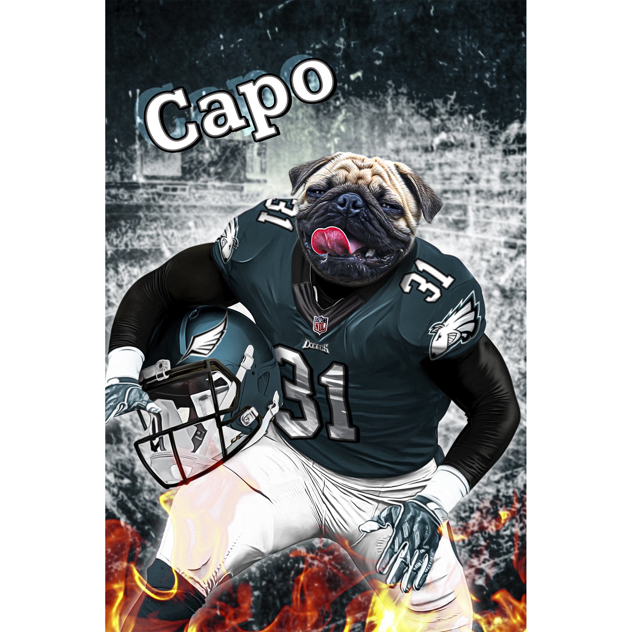 Custom digital portrait of a pug dog in a Philadelphia Eagles football uniform with the name "Capo.