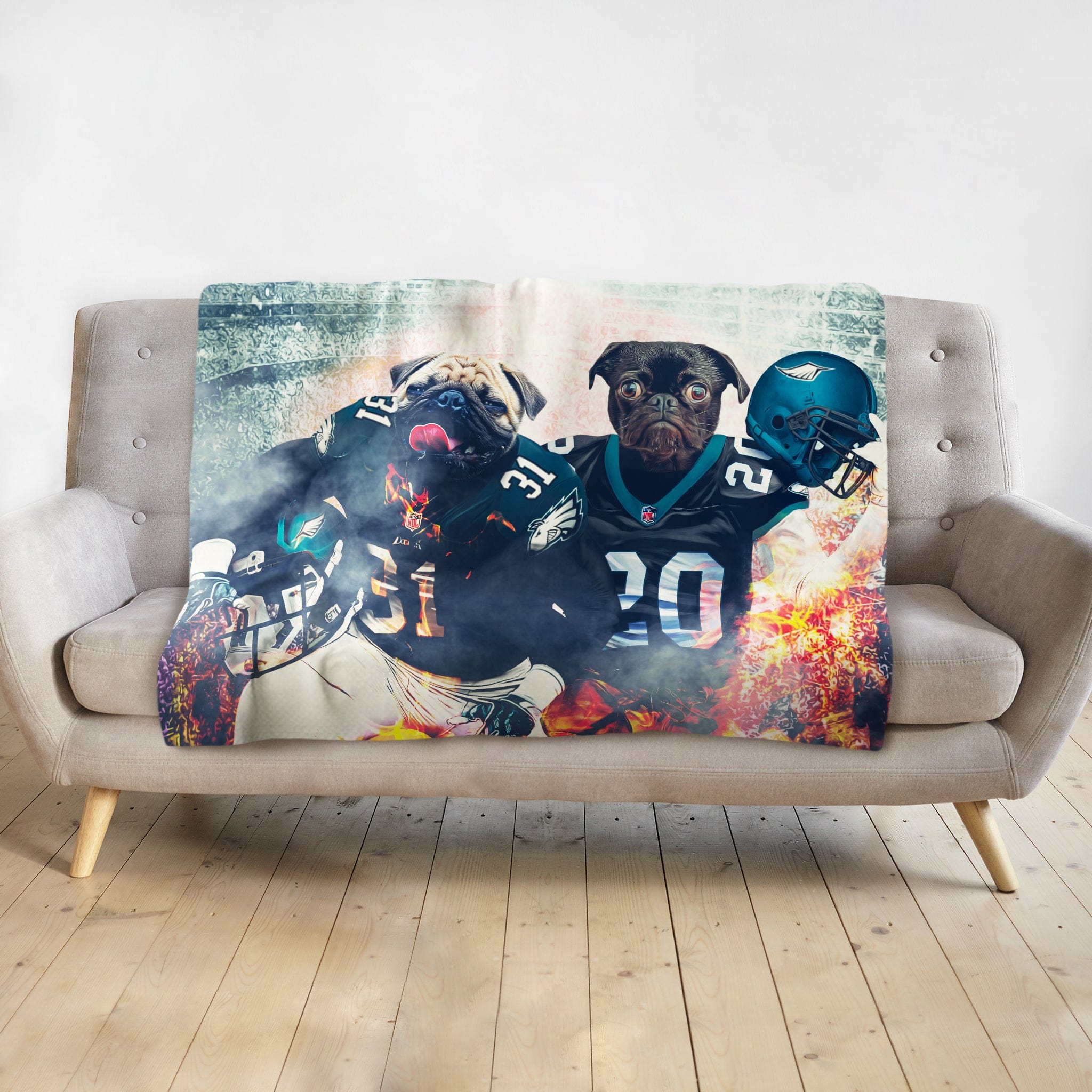 Personalized minky blanket with two pugs in Philadelphia Eagles football uniforms.
