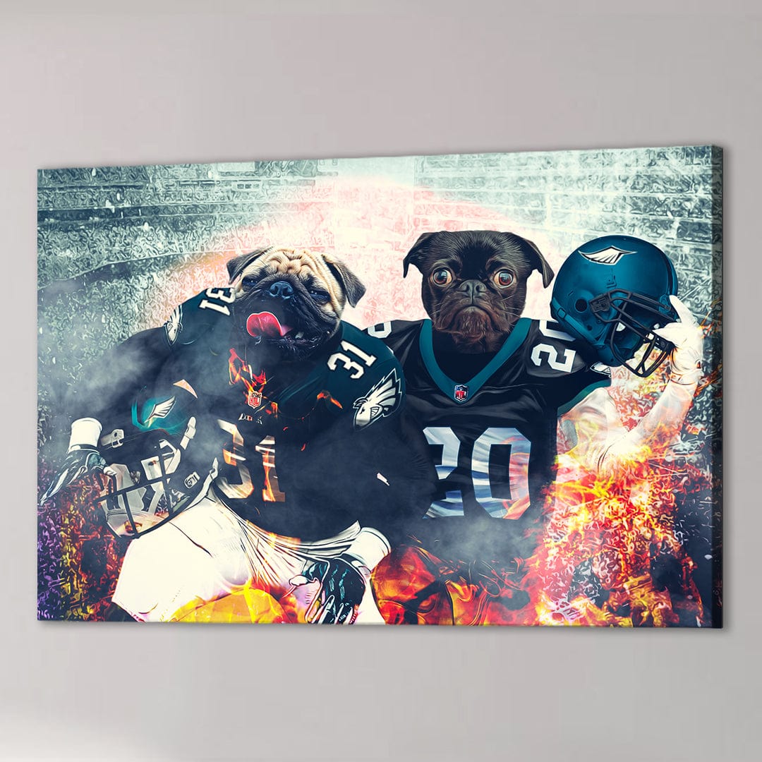 Personalized canvas with two pugs in Philadelphia Eagles football uniforms, surrounded by fire and smoke.