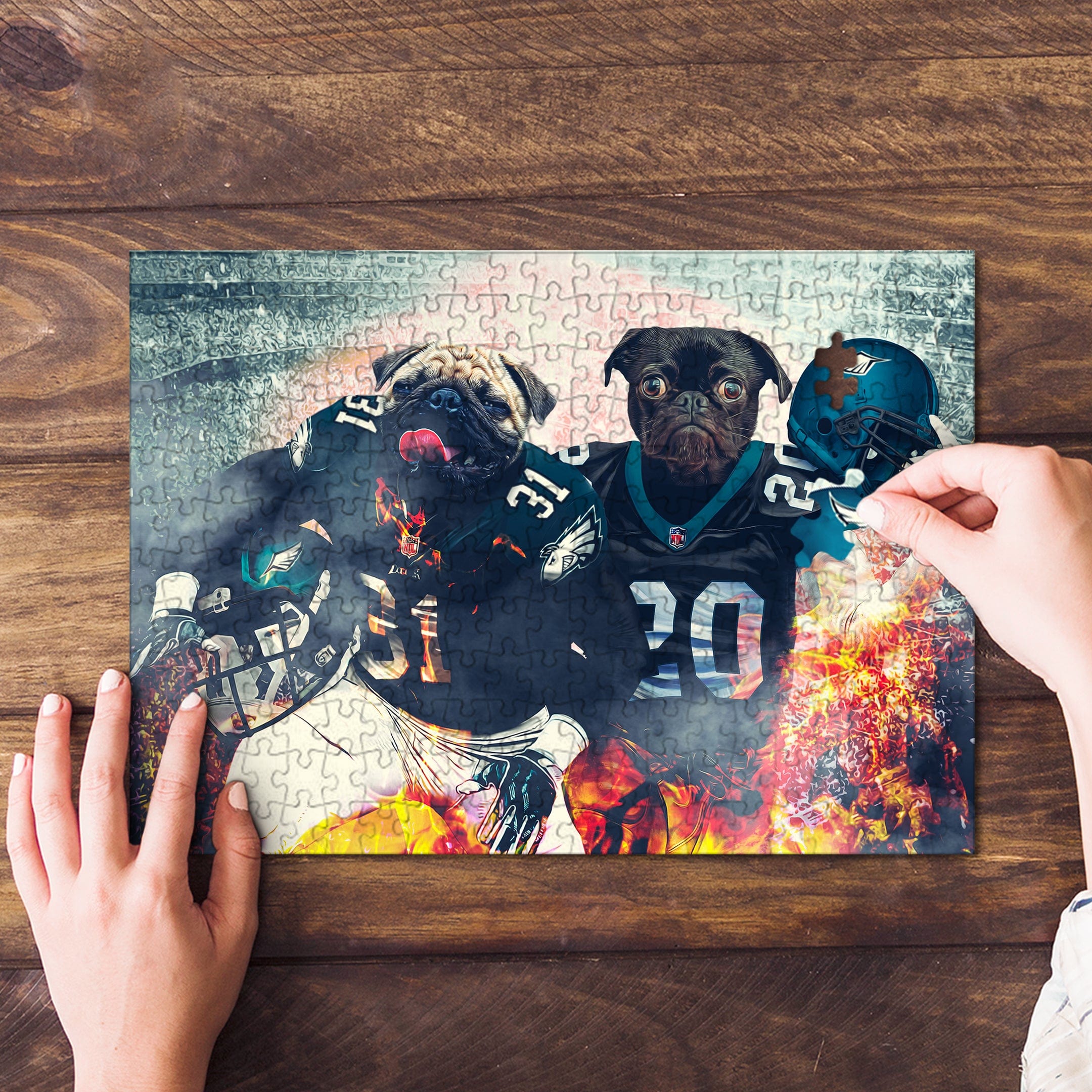 Personalized 2 pet puzzle featuring two pugs in football uniforms with a stadium background.