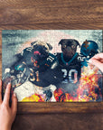 Personalized 2 pet puzzle featuring two pugs in football uniforms with a stadium background.
