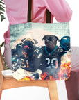 Personalized tote bag featuring two pugs in Philadelphia Eagles football uniforms with a stadium background.