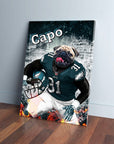 Personalized 'Philadelphia Doggos' canvas featuring a pug in an Eagles football uniform with "Capo" text.