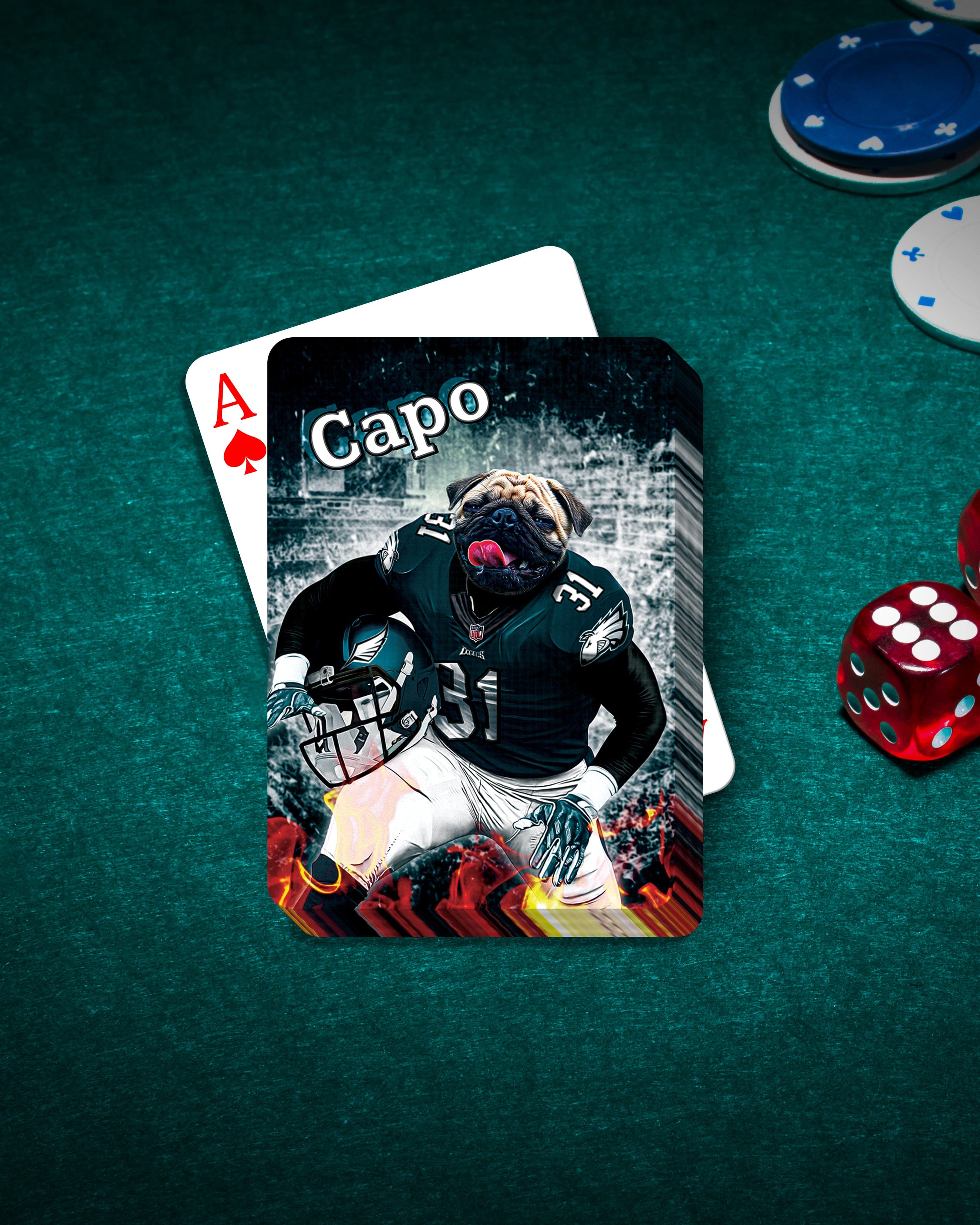 Personalized playing card featuring a pug in a Philadelphia Eagles football uniform on a green felt table.