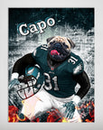 Personalized "Philadelphia Doggos" poster featuring a pug in an Eagles football uniform, holding a helmet, with flames.