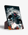 Personalized pet standing canvas featuring a pug in a Philadelphia Eagles uniform, helmet in hand, with "Capo" above.