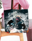 Personalized tote bag with a pug pet portrait in a Philadelphia Eagles football uniform.