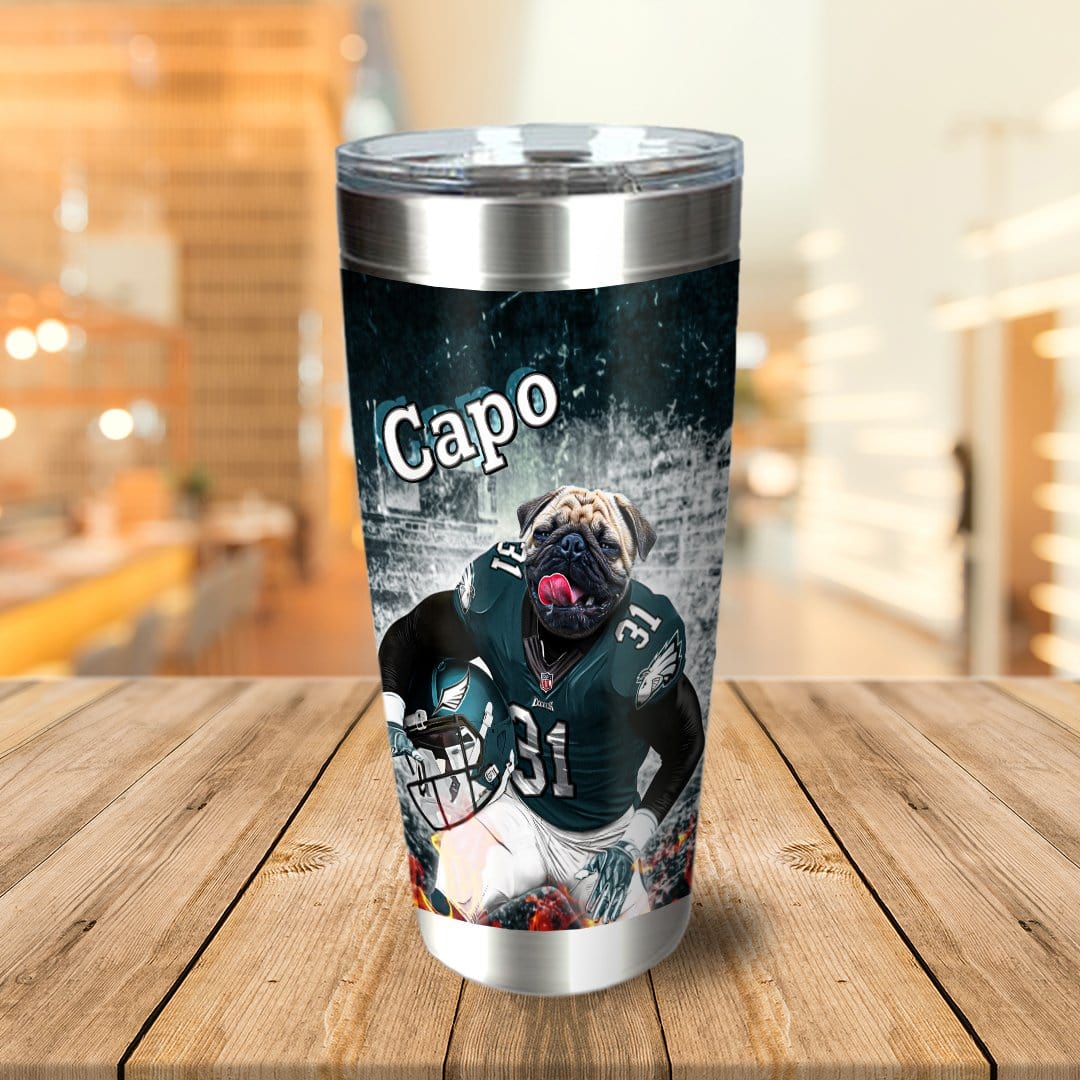 Personalized stainless steel tumbler with a custom pug pet portrait in a football uniform.