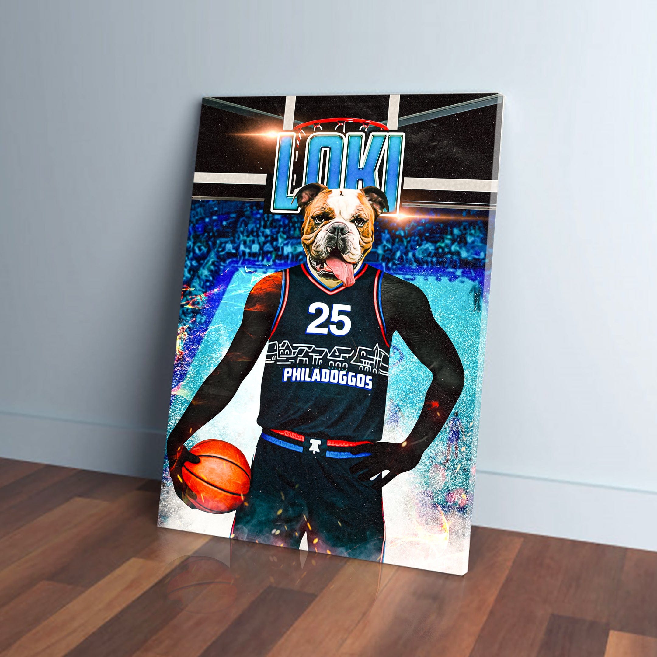 Personalized pet canvas featuring a bulldog in a black Philadoggos 76ers basketball jersey, holding a ball.