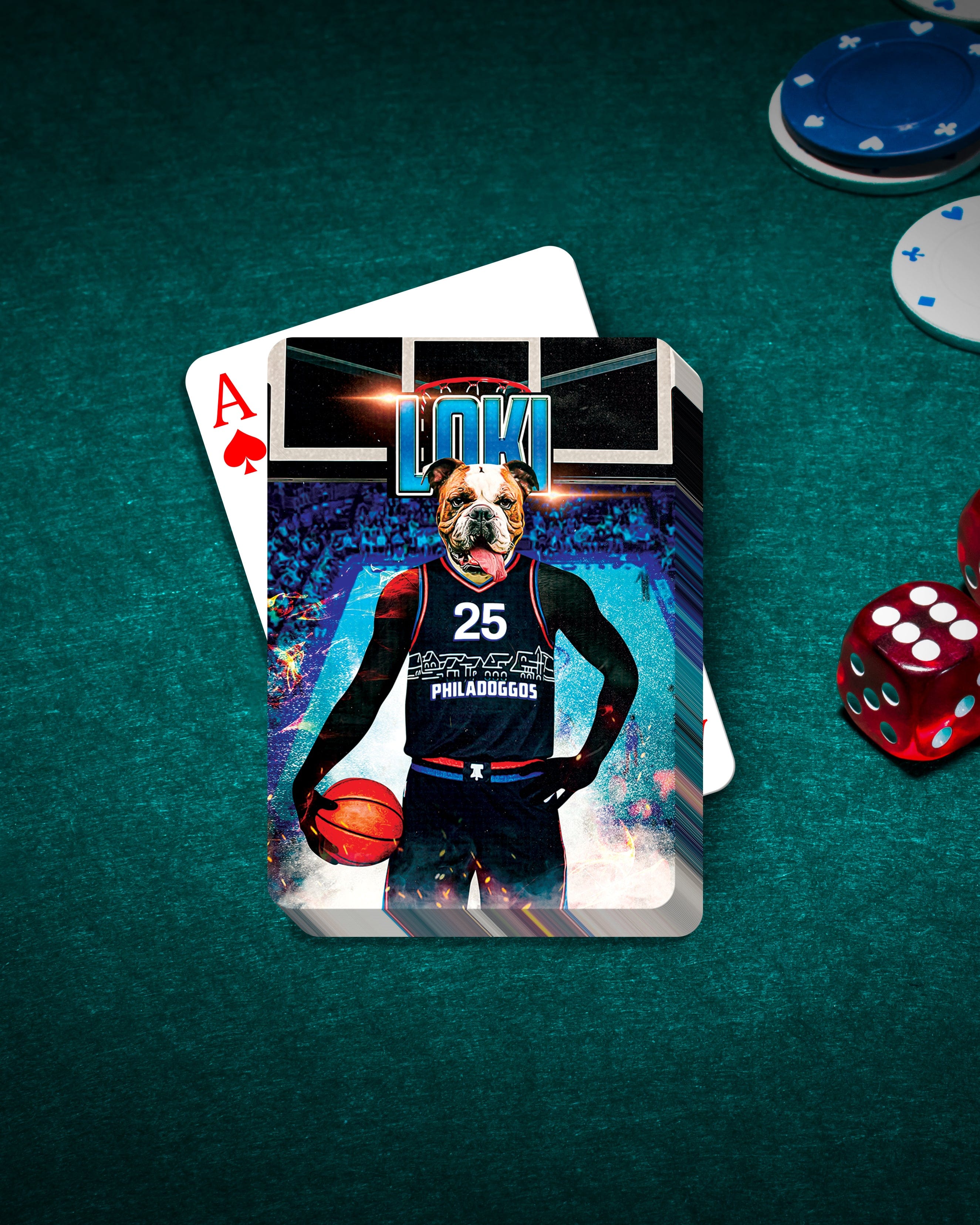 Personalized playing cards featuring a bulldog in a 76ers basketball uniform, on a green felt table with poker chips.
